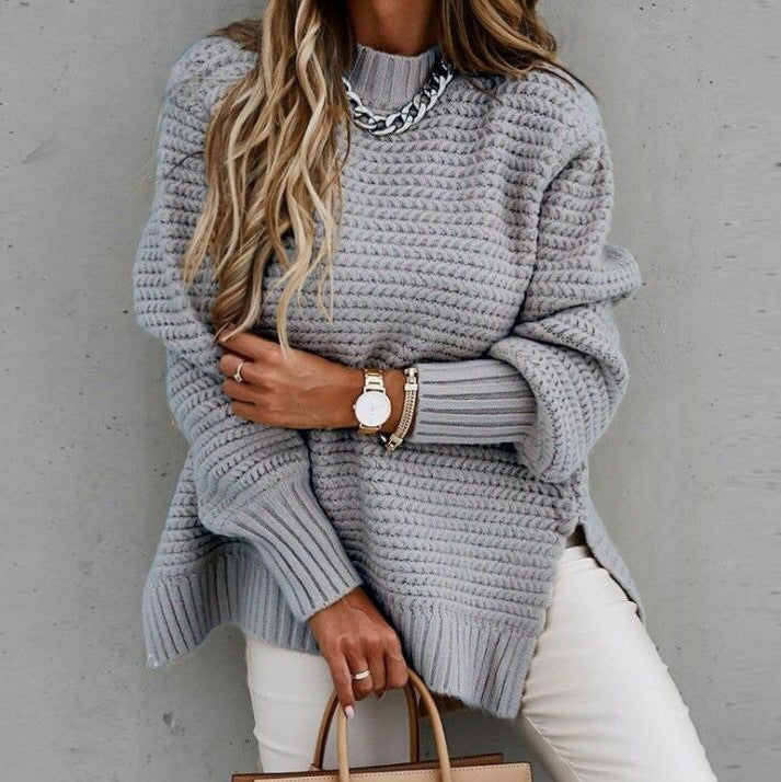 Women's chunky knit sweater oversized cozy fit high neck textured ribbed cuffs everyday casual style