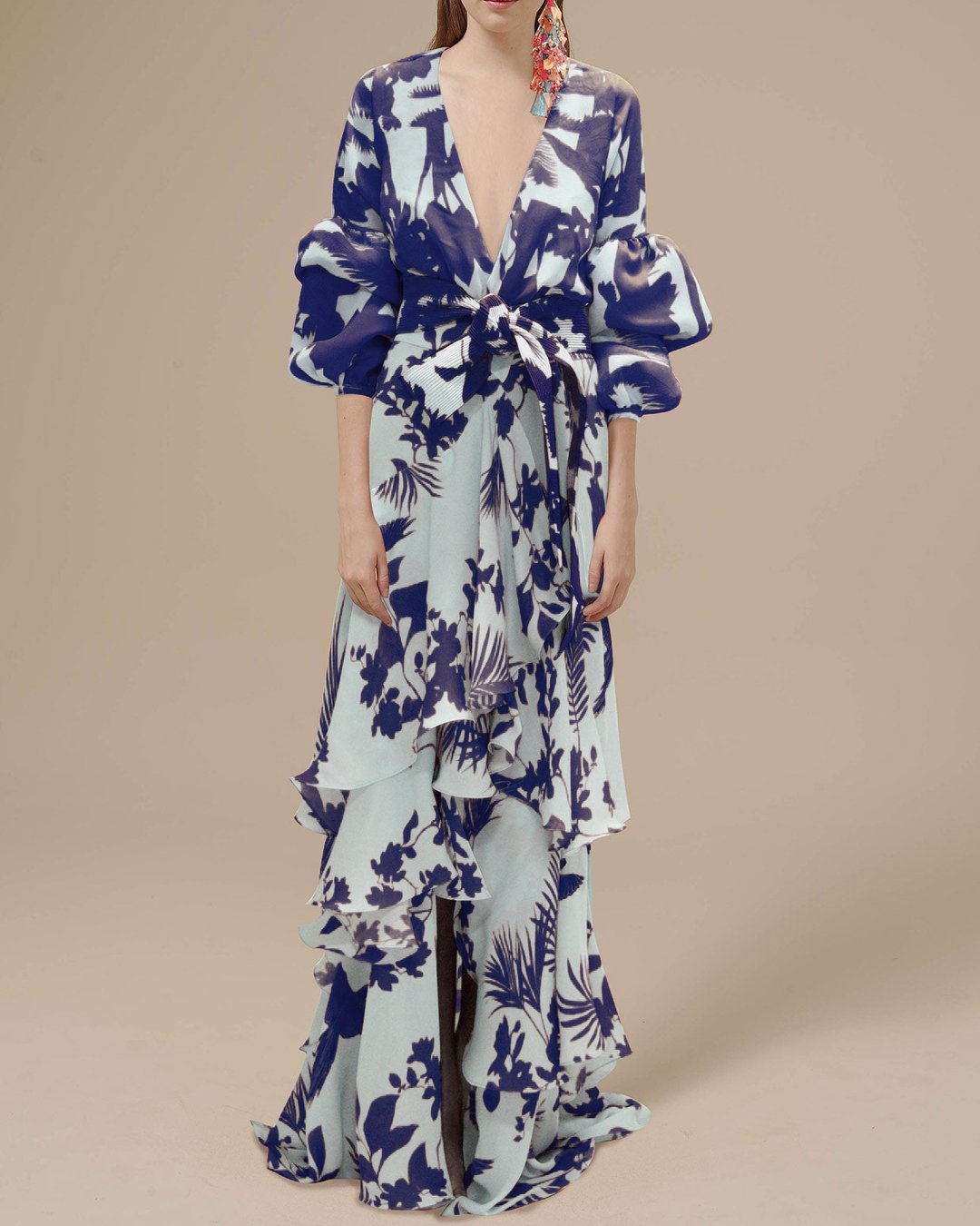 Floral chiffon maxi dress V-neck puff sleeves tiered ruffle skirt belted women travel fashion