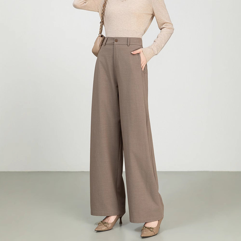 Women's high waist wide-leg wool cotton blend pants loose formal professional style