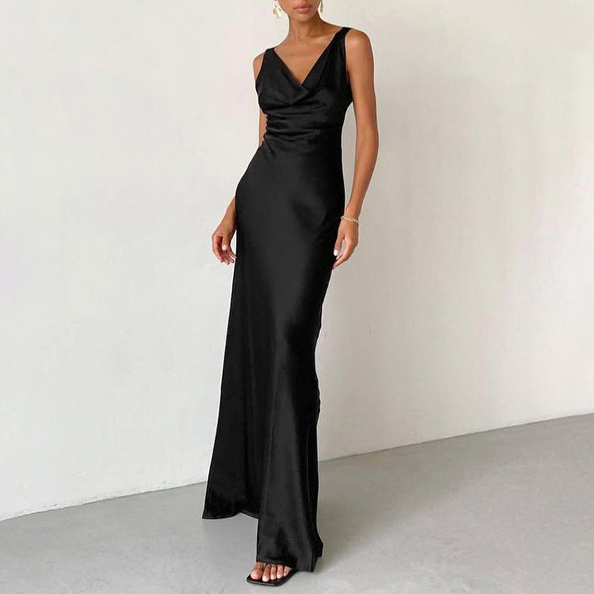 Women's satin evening dress slim fit floor-length gown with draped neckline glamorous silhouette