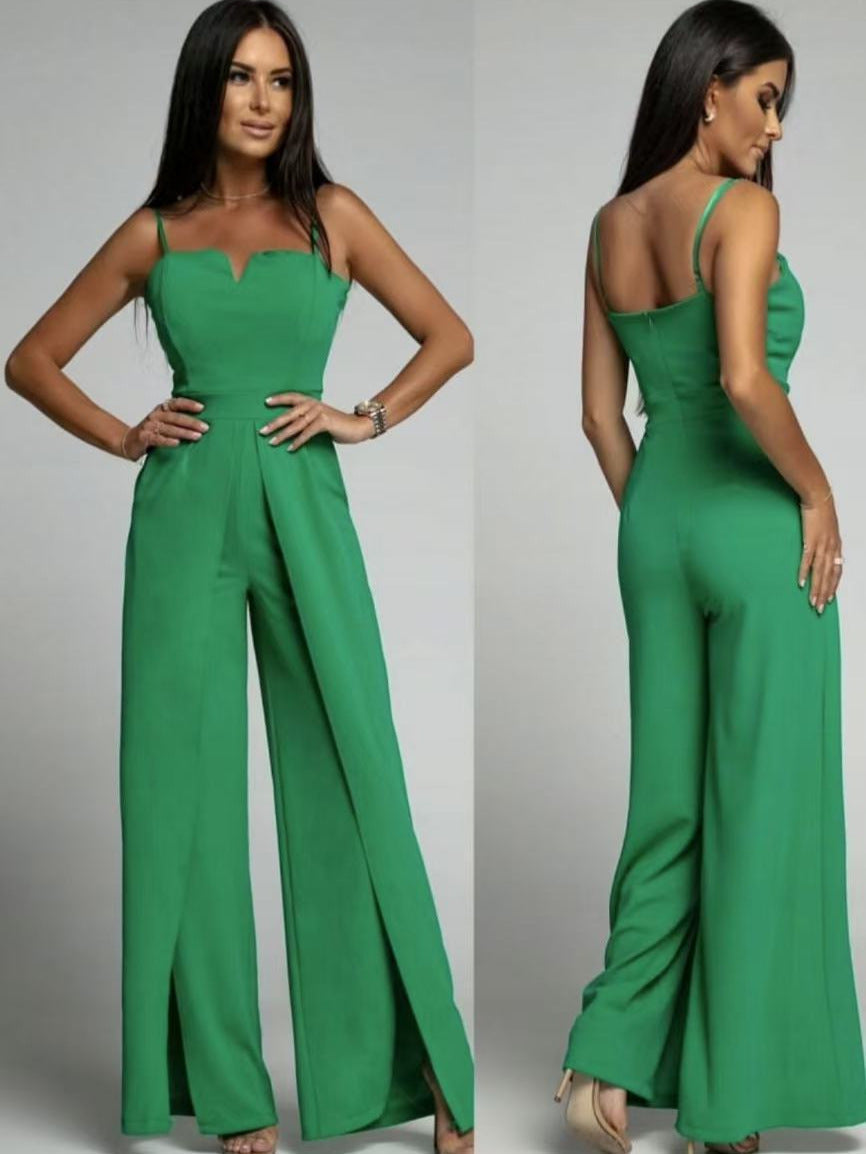 Women's black strapless slim-fit wide-leg jumpsuit with front slit for elegant party look