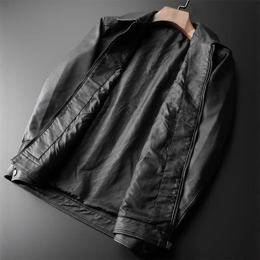 Men's black PU leather-look jacket tailored fit stand collar zip closure Nordic style