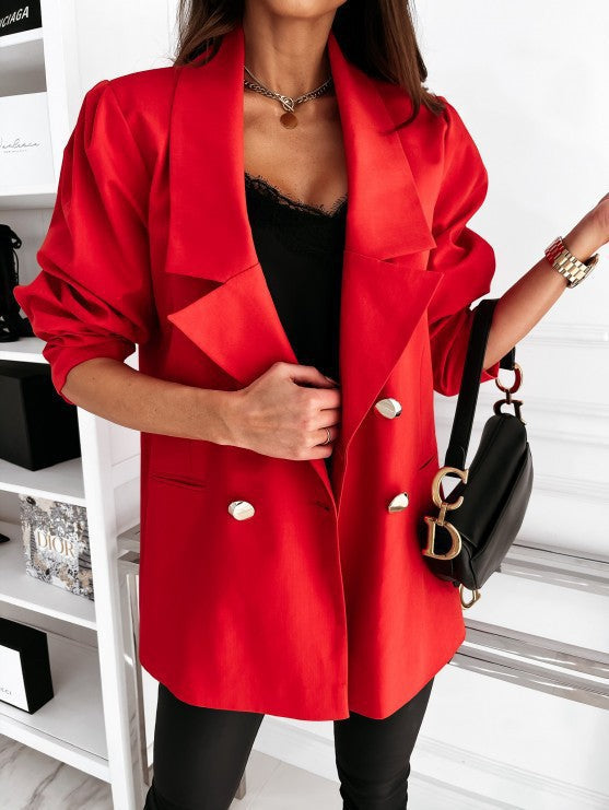 Women's structured blazer with puff sleeves, tailored waist-defining silhouette for professional work wardrobe