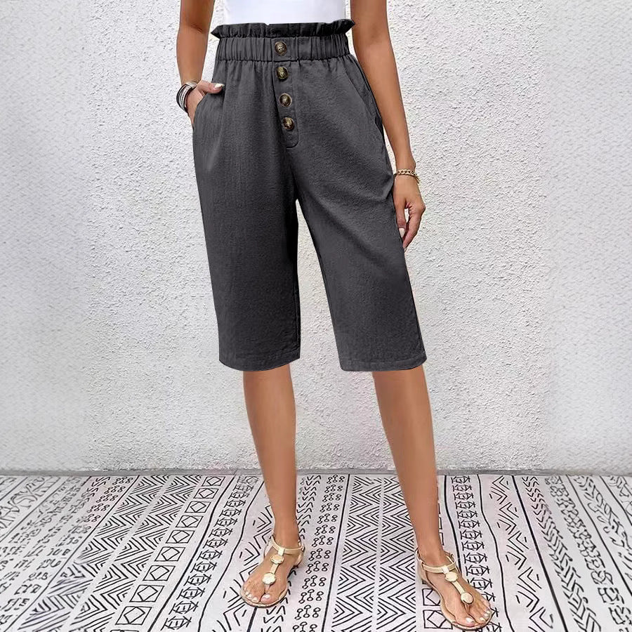 Women's relaxed fit Bermuda shorts with elastic waistband and front button in lightweight linen-blend