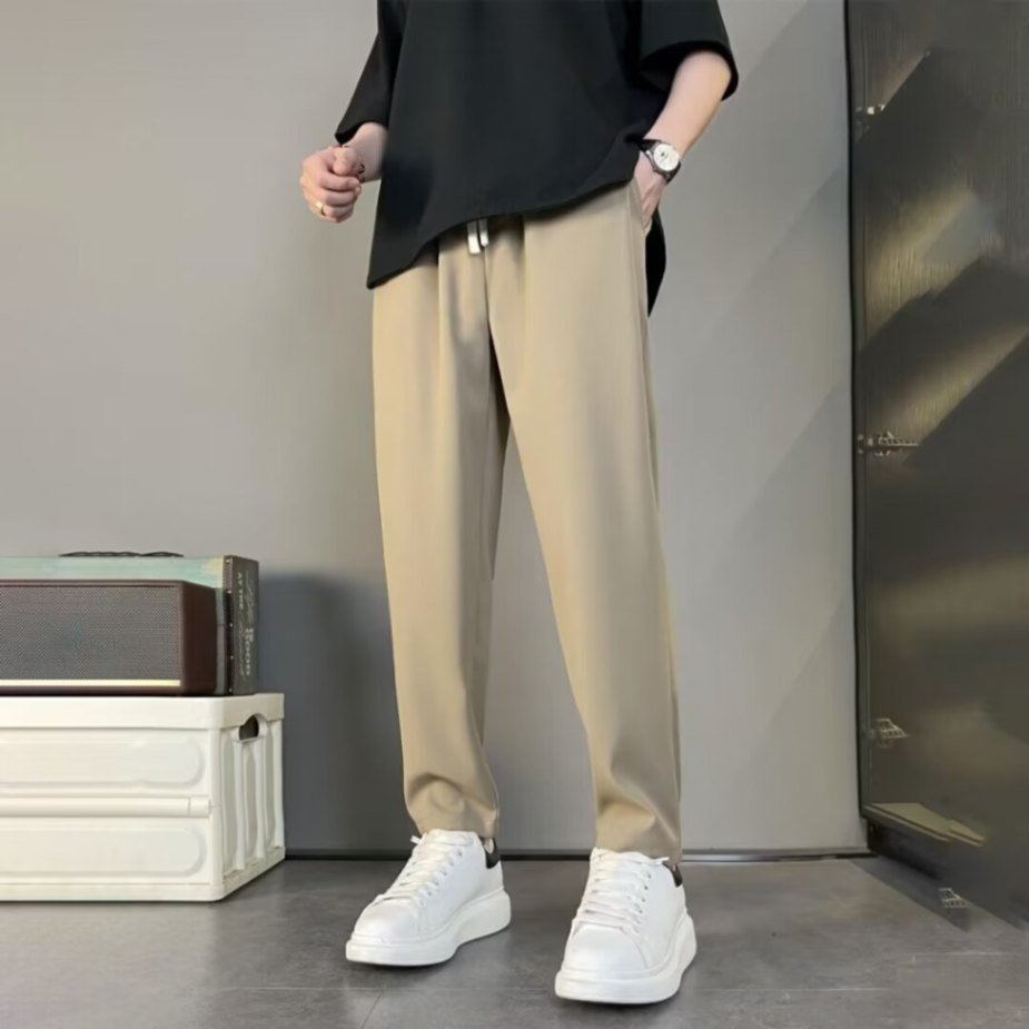 Men's light gray relaxed-fit drawstring trousers breathable cotton-blend straight-leg everyday comfort