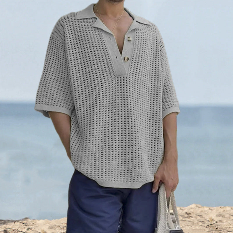 Men's oversized open-knit cotton sweater, relaxed fit with polo notch collar, short sleeves