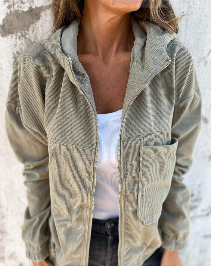 Women's corduroy hooded zip-up jacket casual loose fit soft textured streetwear layering outerwear