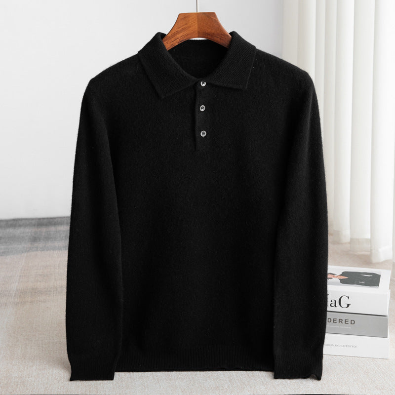 Men's knit polo sweater in classic style with structured collar and three-button placket