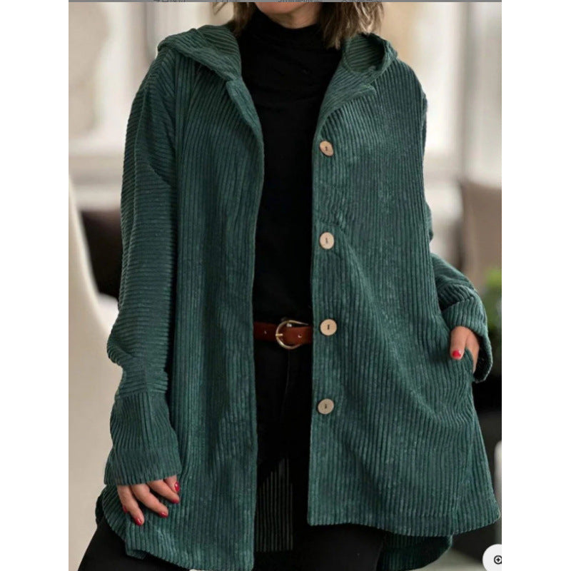 Women's brown corduroy hooded jacket relaxed fit mid-length with button front closure