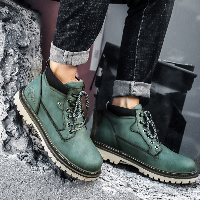 Men's black faux leather lace-up ankle boots with chunky lugged sole for urban everyday wear