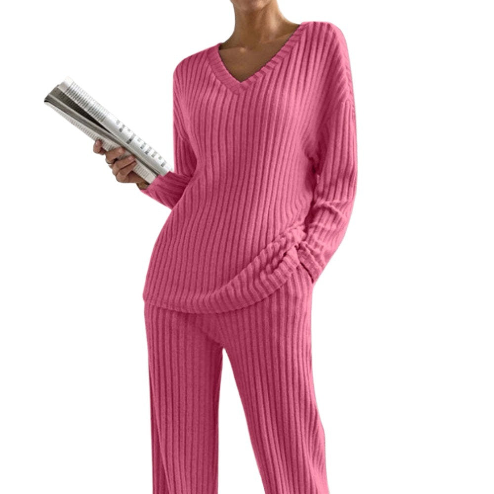 Women's ribbed V-neck top and straight-leg pants set in coordinated cotton knit for everyday style