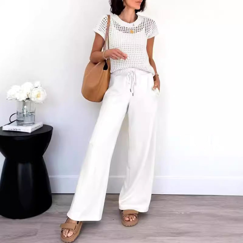 Women's open knit short-sleeve top and wide-leg trousers set, relaxed breathable two-piece everyday outfit