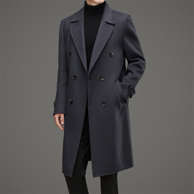 Men's charcoal wool coat mid-length tailored fit double-breasted classic design for modern professionals