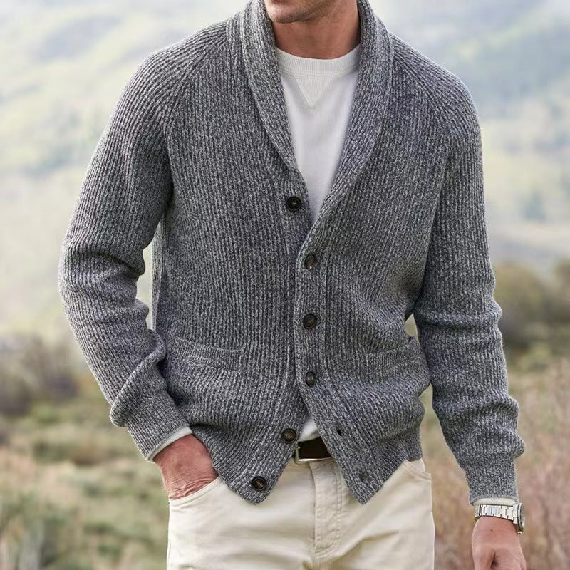 Men's shawl collar cardigan knit sweater with button closure and front pockets in classic style