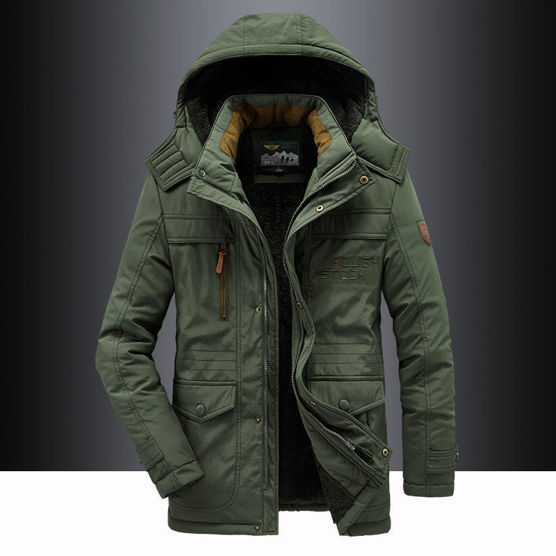 Men's fleece-lined hooded thigh-length parka, rugged cold-weather style with plush interior warmth