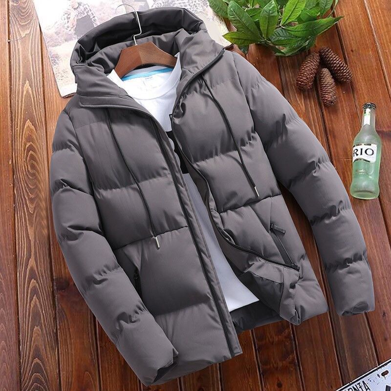 Men's black quilted hooded jacket relaxed fit hip-length full-zip synthetic blend outerwear