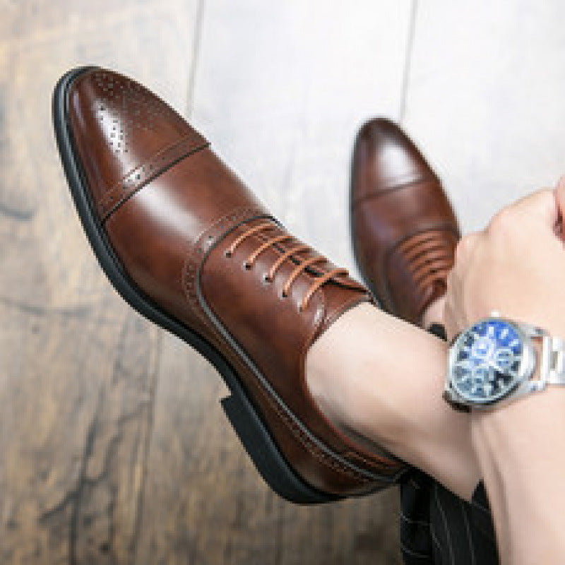 Men's black oxford dress shoes polished PU leather brogue details slim fit red sole formal style