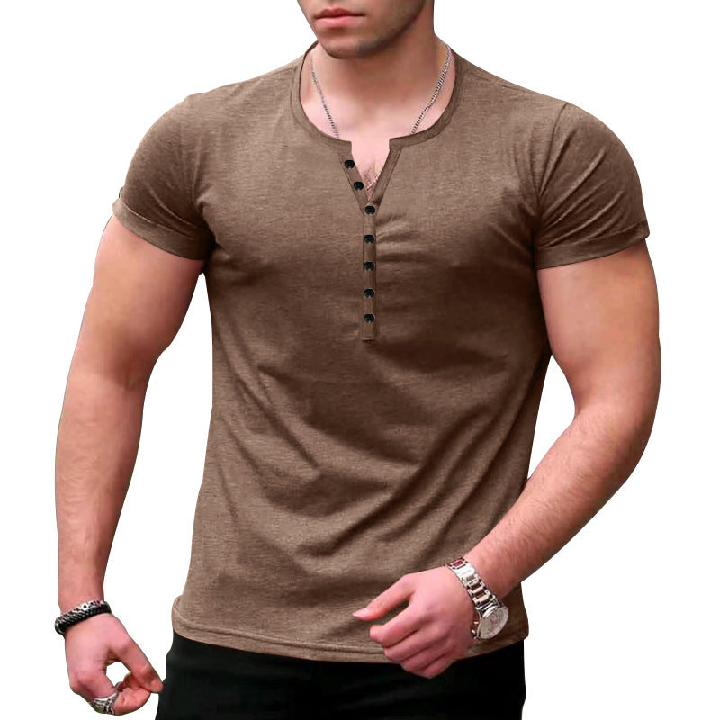 Men's slim fit Henley T-shirt soft knit short sleeve casual essential with button placket