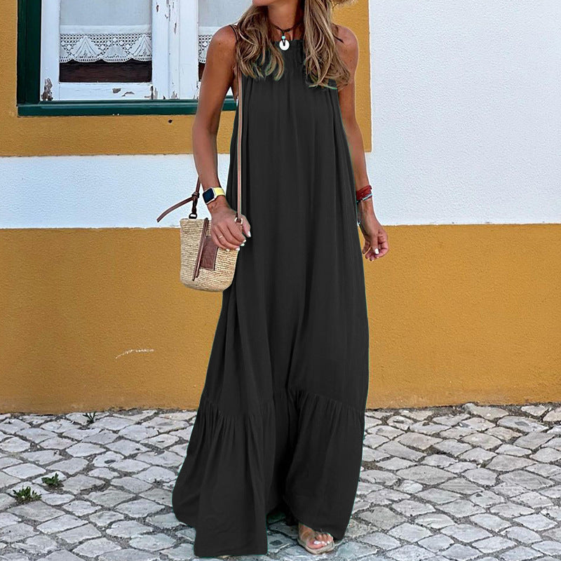 Women's long loose-fit sleeveless halterneck beach dress, lightweight breathable vacation style