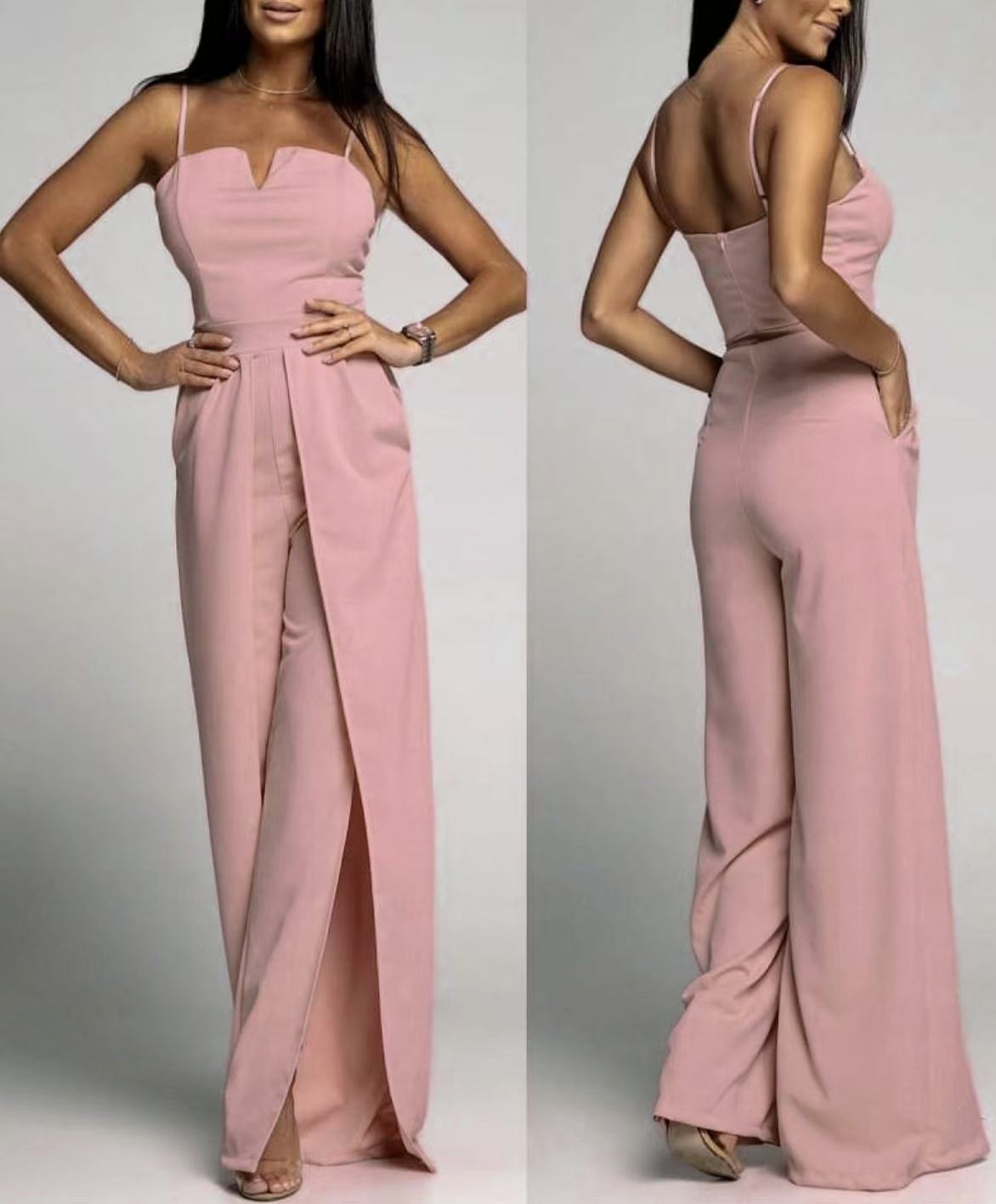Women's strapless slim-fit wide-leg jumpsuit with front slit, elegant party style