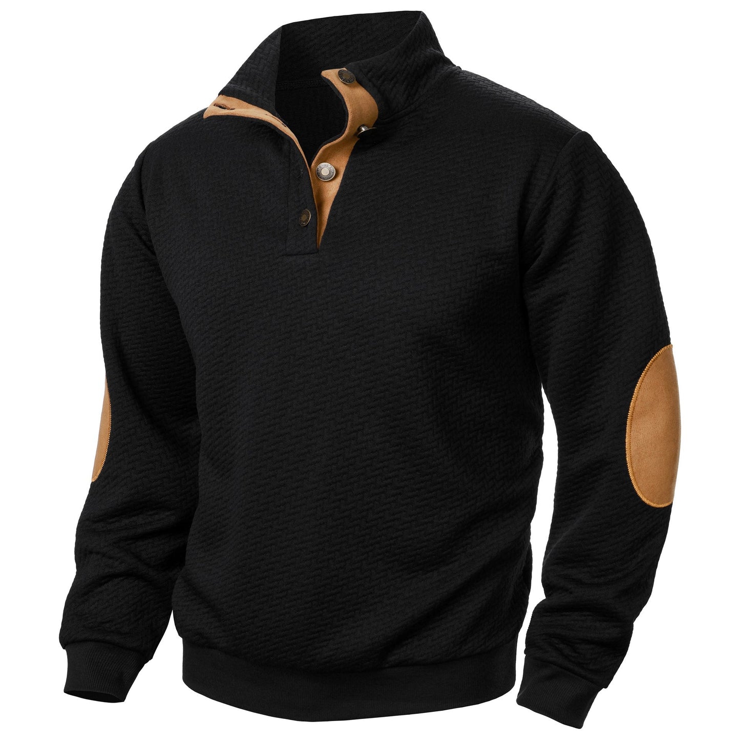 Men's beige textured knit sweatshirt relaxed fit stand collar with contrast elbow patches