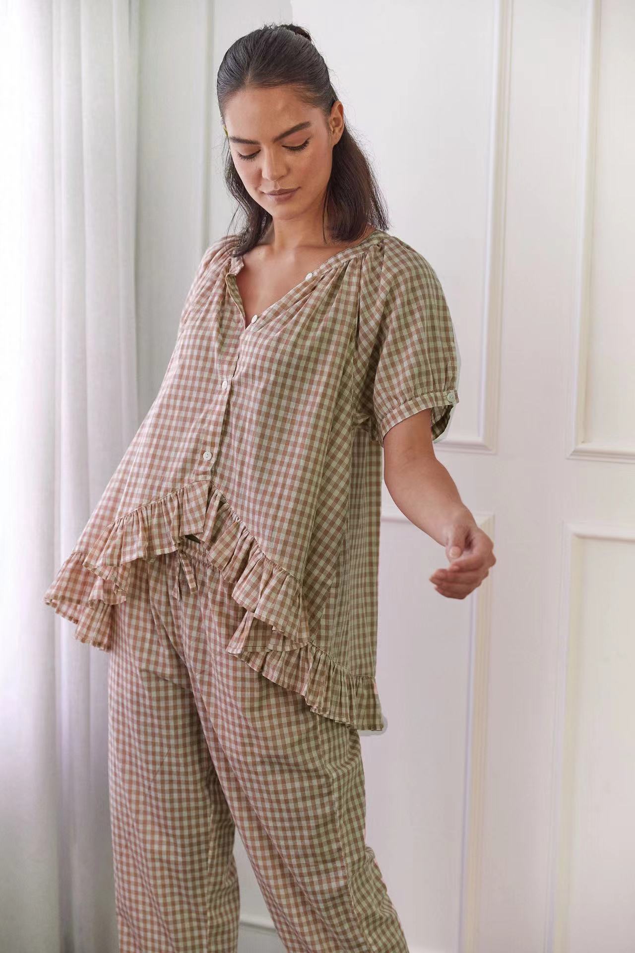 Women's cotton lounge set relaxed-fit shirt and pants with Nordic-inspired ruched ruffle details