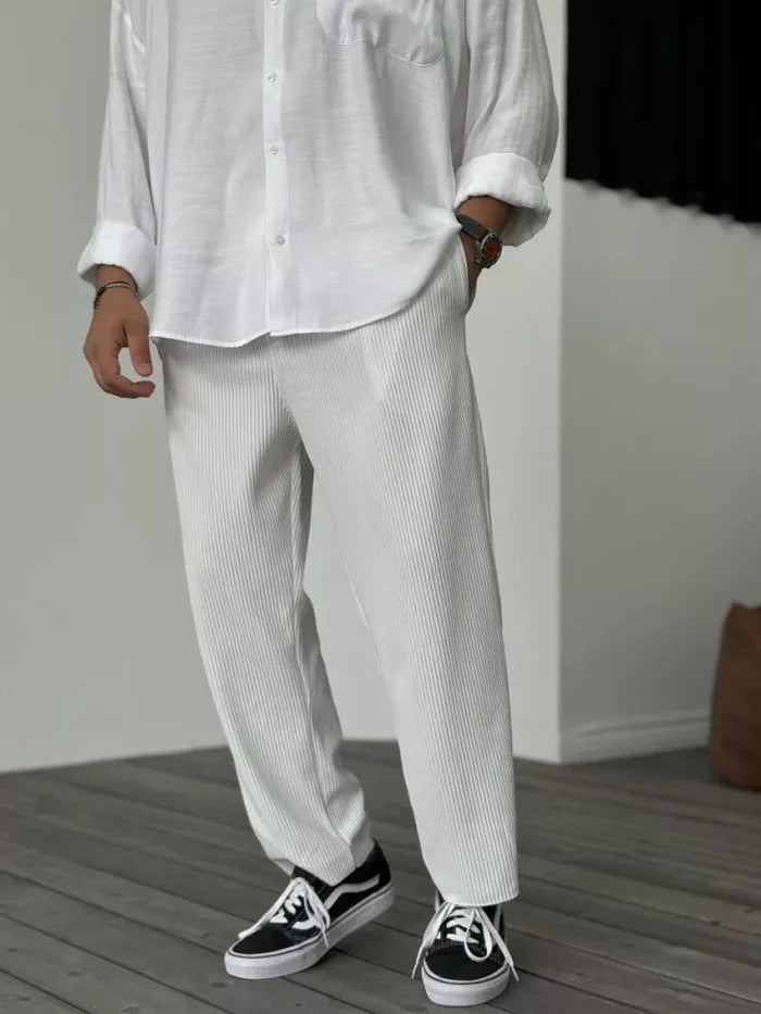 Men's striped cropped pants casual summer ice-silk blend mid-rise Hong Kong style lightweight