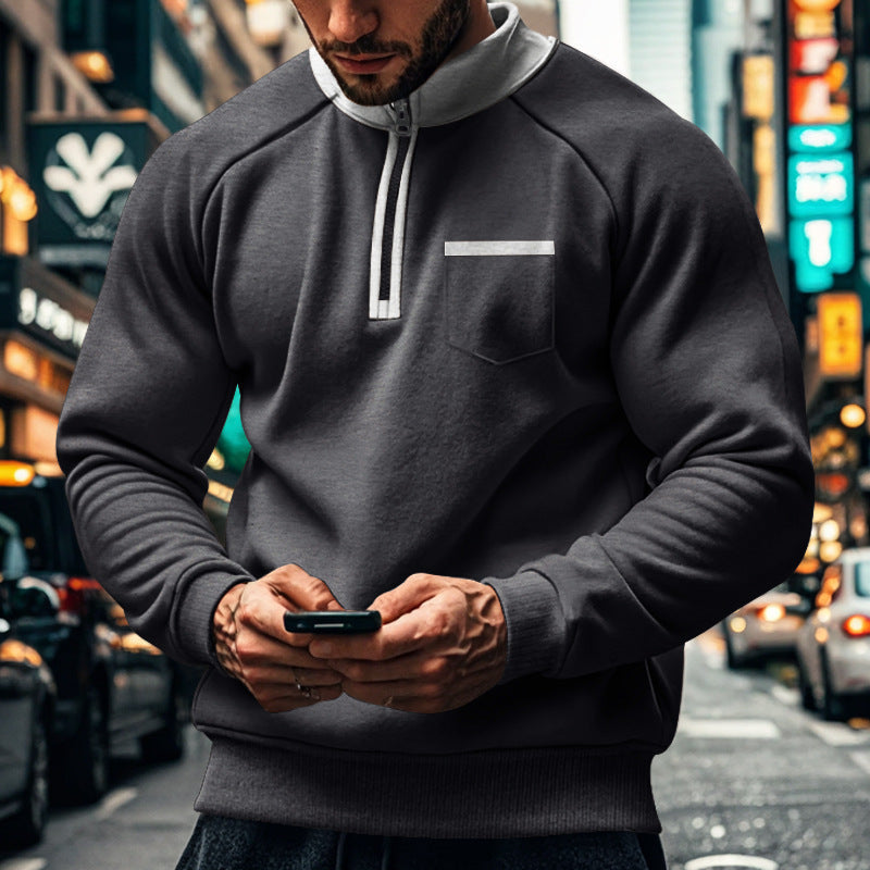 Men's gray raglan sweatshirt stand collar zip chest pocket regular fit casual streetwear