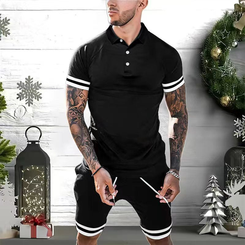 Men's slim-fit polo shirt with sporty stripes, breathable fabric, short sleeves for active wear