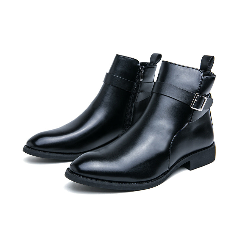 Men's premium brown leather boots with metal buckle and side zipper, elegant everyday style