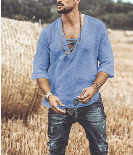 Men's relaxed-fit white cotton shirt with lace closure neckline, breathable everyday casual style