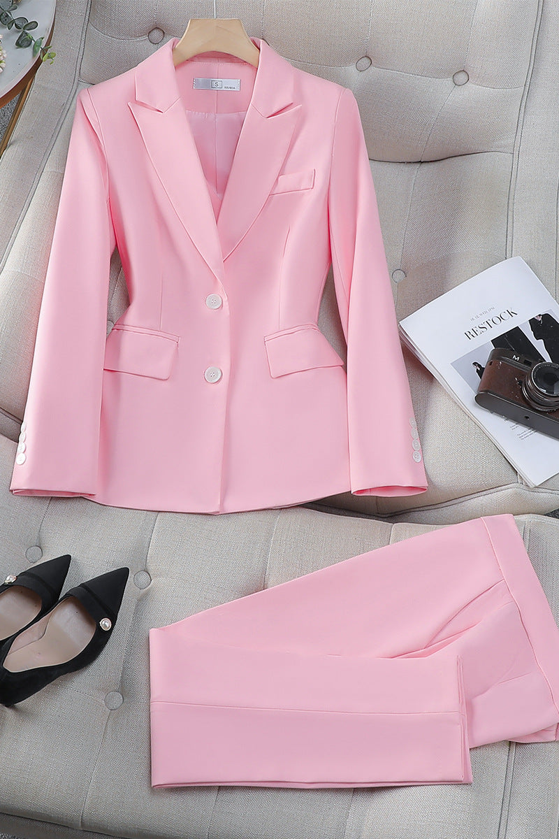 Women's formal blazer and pants suit set in polished tailored two-piece design for office professionals
