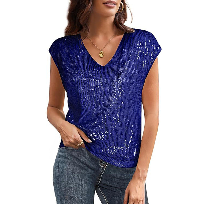 Women's sparkly silver metallic V-neck top short sleeve elegant fit with shimmering threadwork