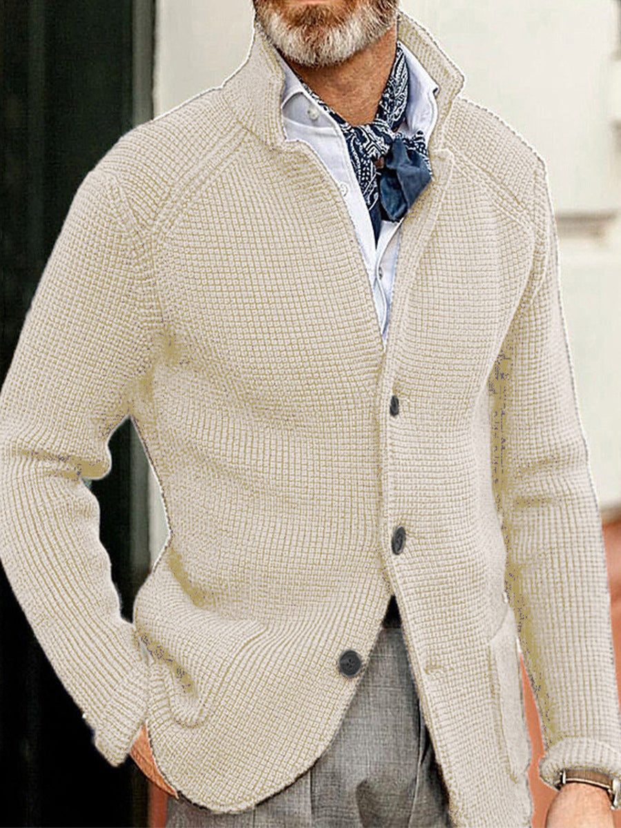 Men's slim fit textured knit cardigan with stand collar and patch pockets, smart-casual long sleeve