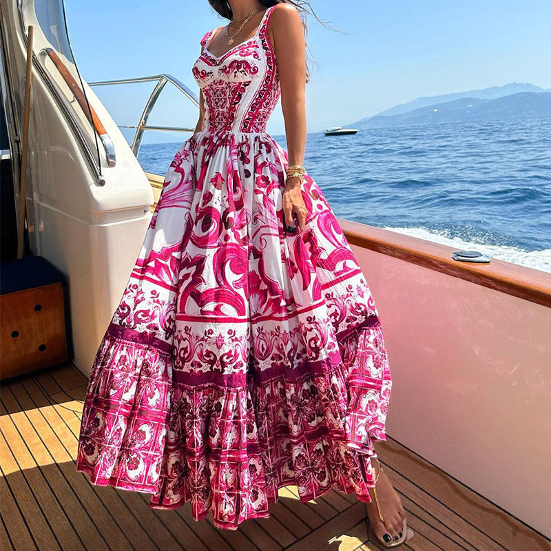 Women's printed suspender dress breathable layered skirt airy fit casual spring summer style