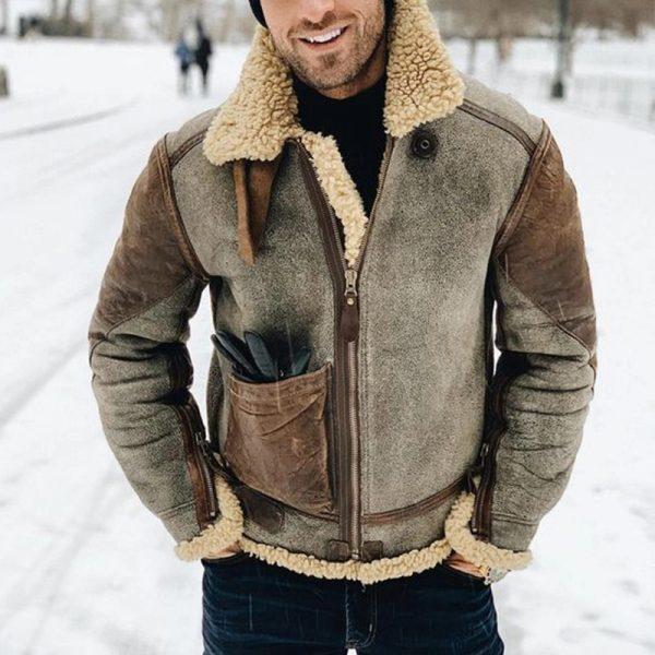 Men's brown suede aviator jacket with shearling lining, regular fit, zipper front closure