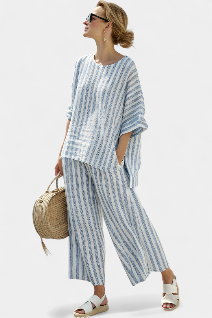 Marina | Women's Striped Casual Top & Wide Leg Pants Set