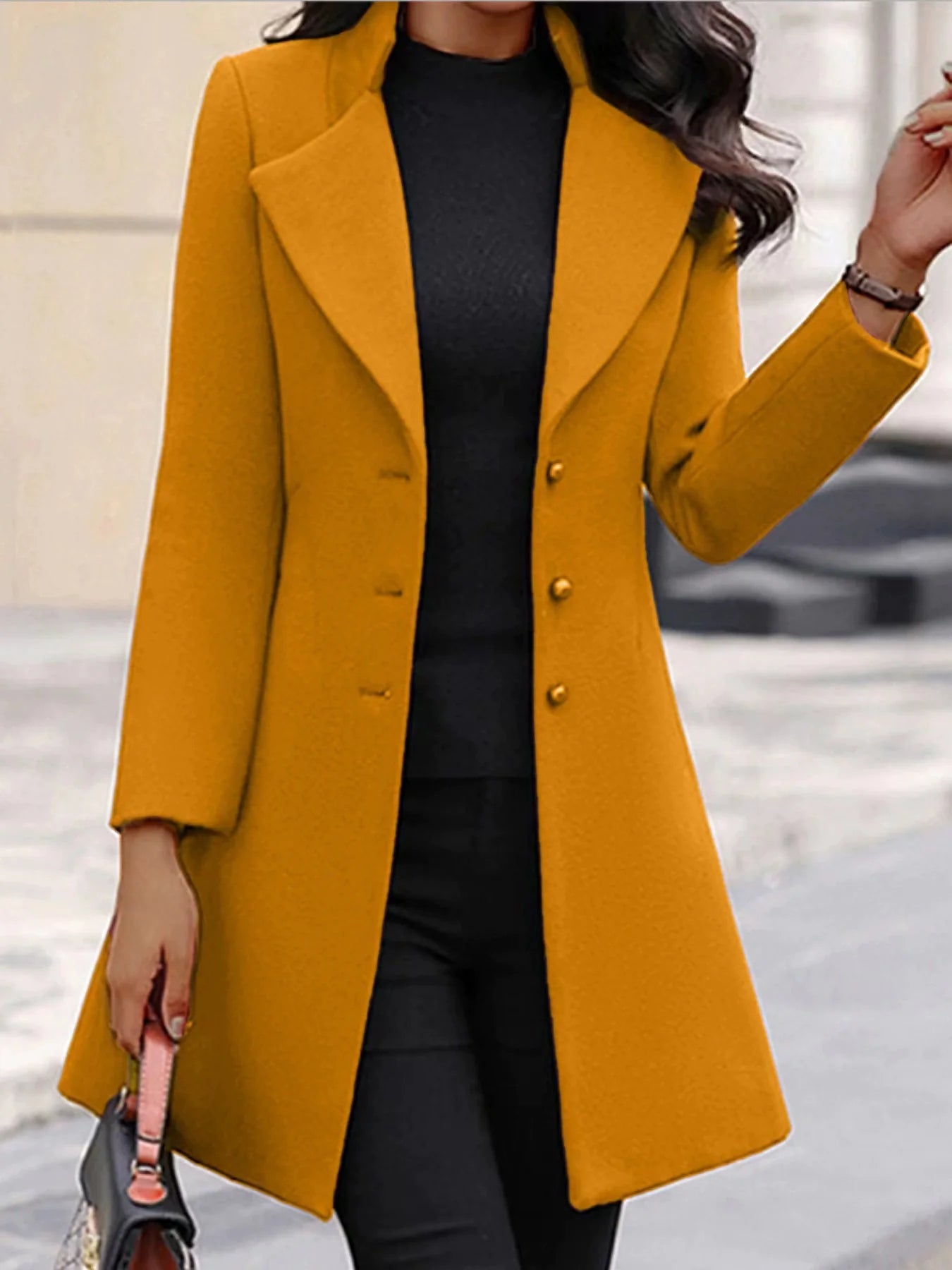 Women's tailored long coat single-breasted notch lapel sleek silhouette for work sophistication