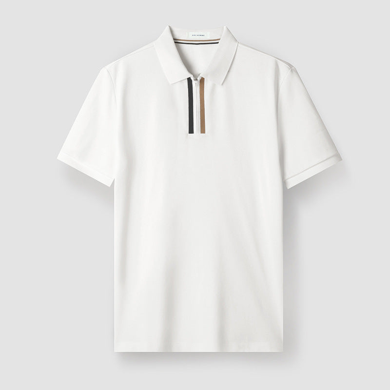Men's navy blue premium cotton polo shirt with stretch zip placket and two-tone stripe detail
