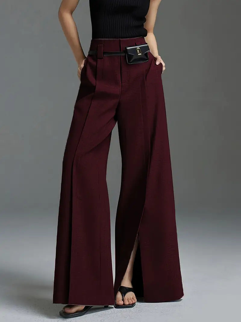Women's high-waist wide leg pleated pants with split front detail in wrinkle-resistant poly spandex
