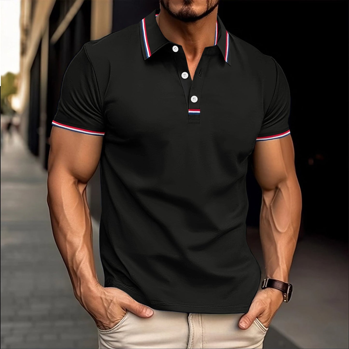 Men's slim fit cotton blend polo shirt with ribbed collar and button placket, versatile style