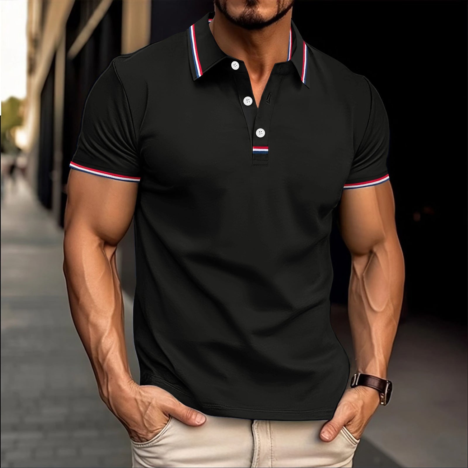 Men's slim fit cotton blend polo shirt with ribbed collar and button placket, versatile style