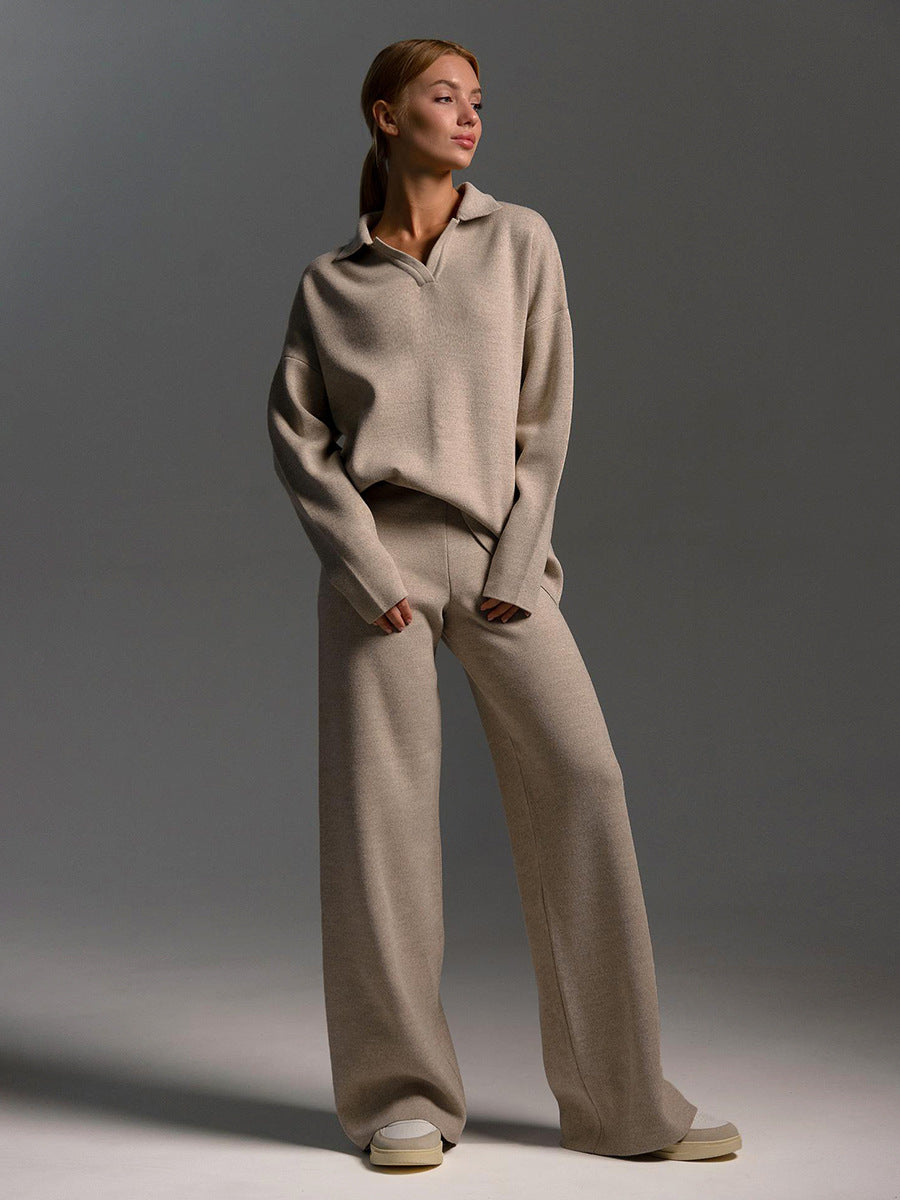 Women's beige knit two-piece set with relaxed pullover and wide-leg trousers minimalist style