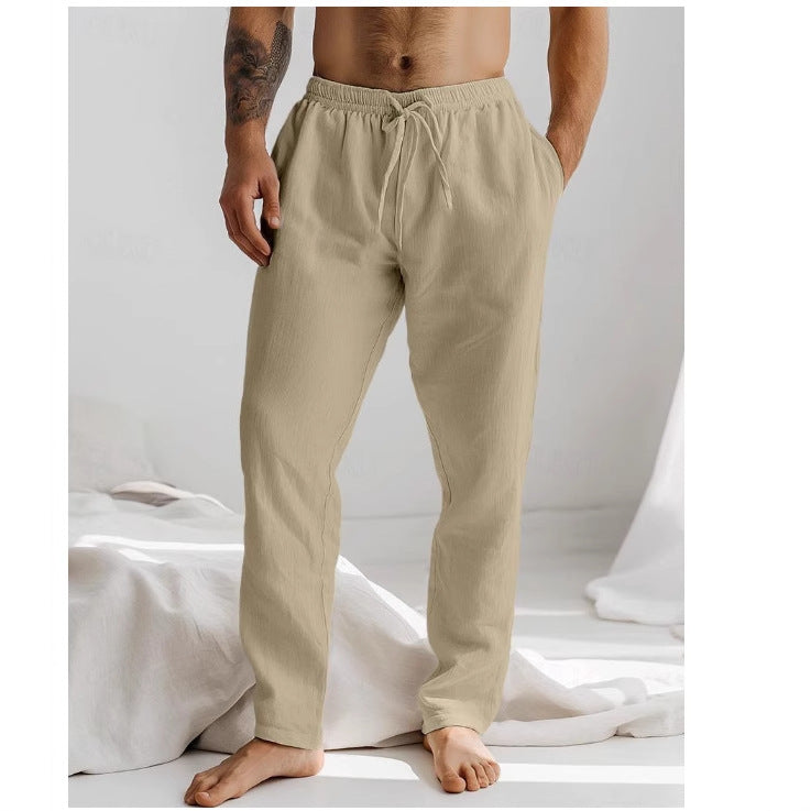 Men's beige linen loose fit pants with adjustable drawstring waist, breathable summer essential