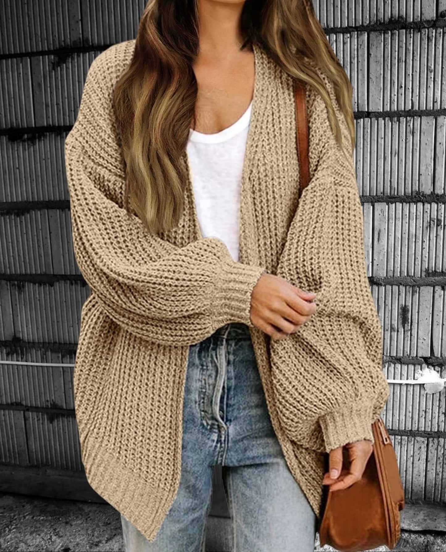 Women's chunky knit oversized open-front cardigan in cozy neutral tones for casual fall layering