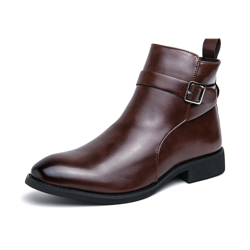 Men's brown leather boots with metal buckle and side zipper, sleek elegant silhouette for daily wear