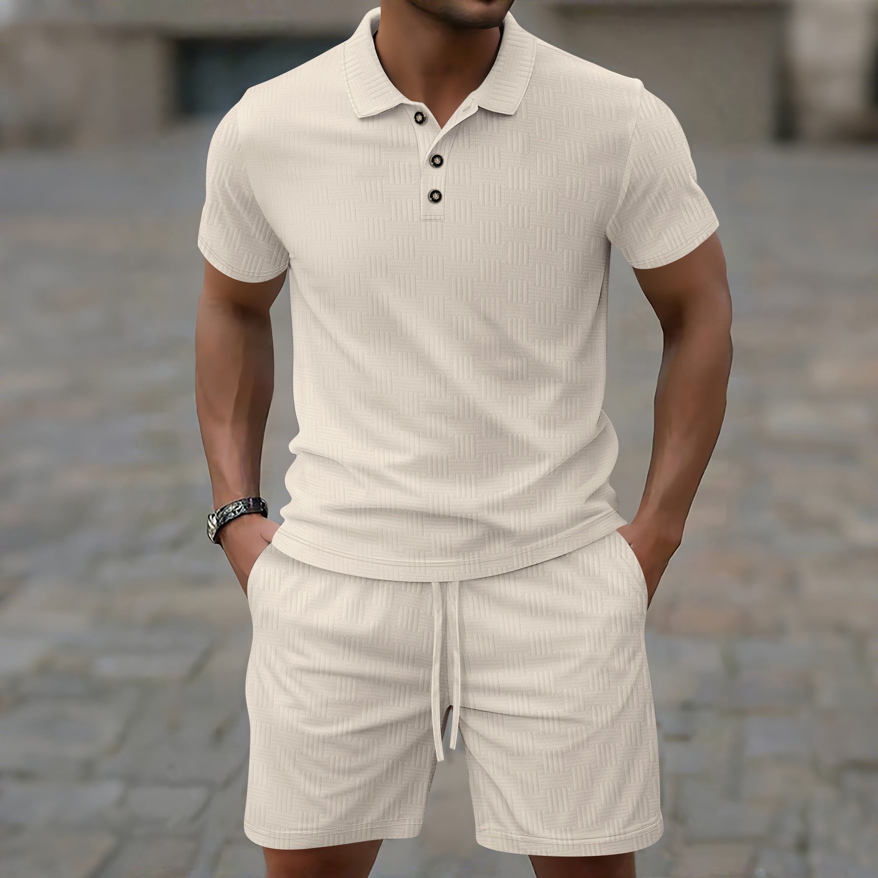 Men's slim fit short sleeve casual T-shirt with breathable texture and button closure everyday style