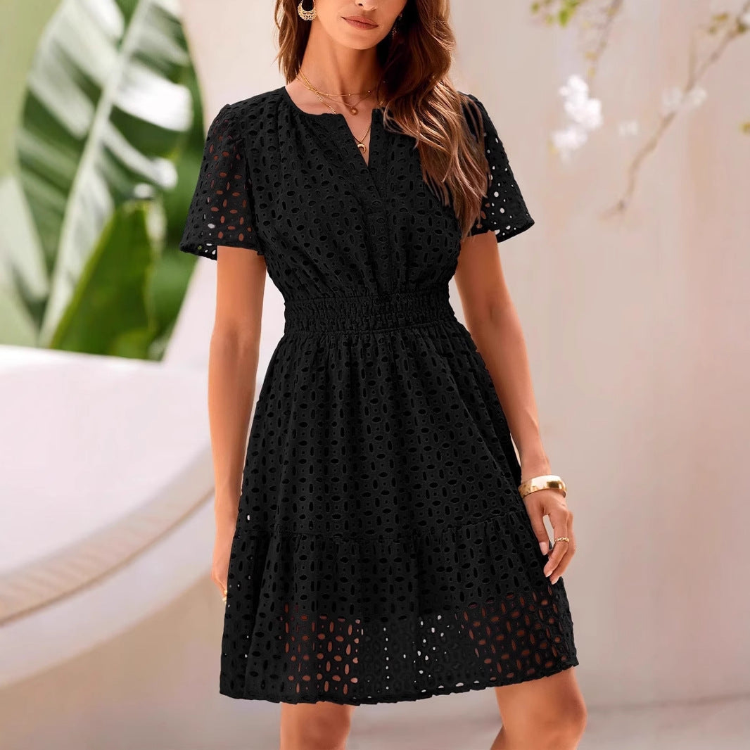 Women's light cotton blend A-line summer dress with V-neck and breathable eyelet fabric detail