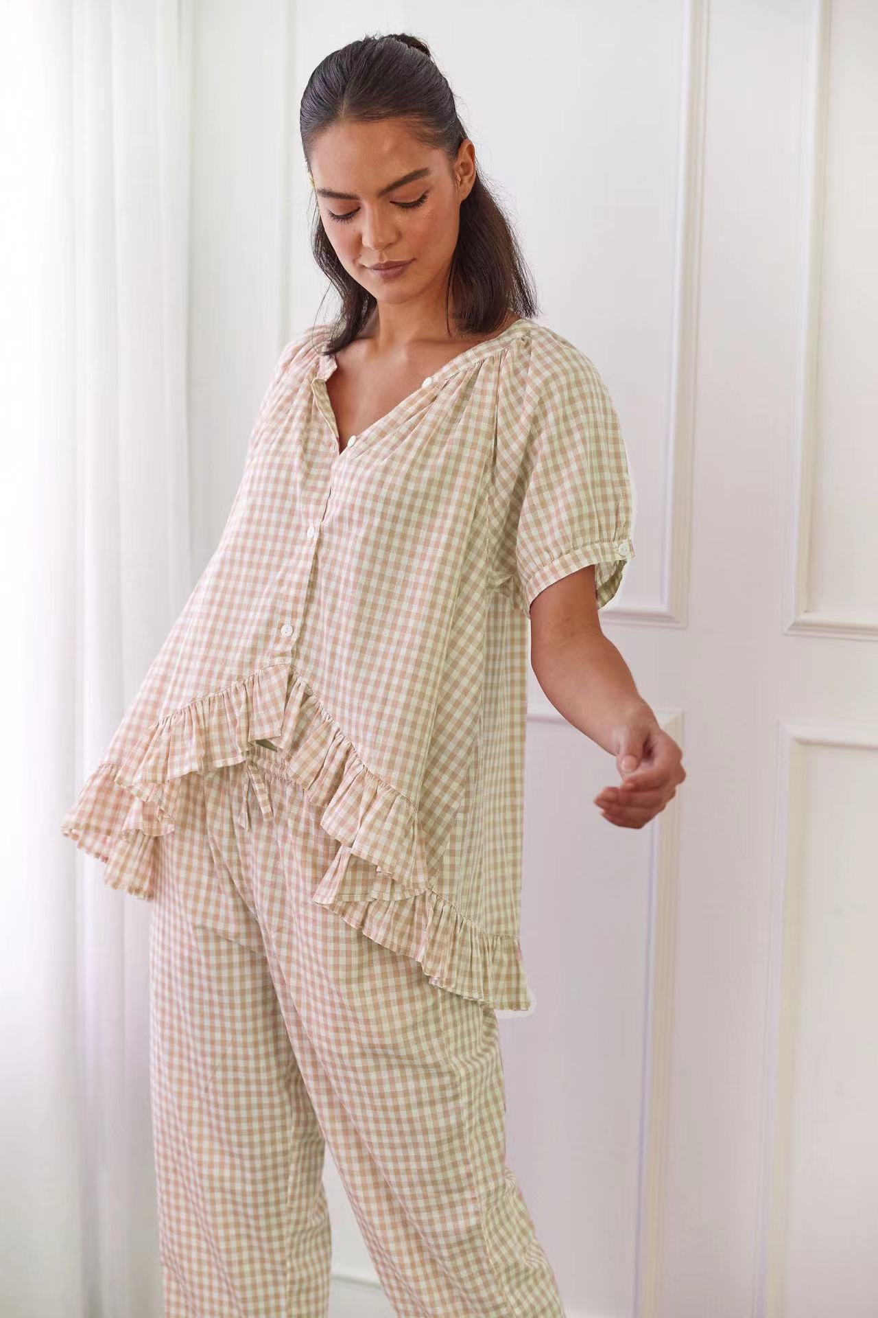Women's cotton lounge set with shirt and pants, relaxed fit, ruched details, casual everyday style