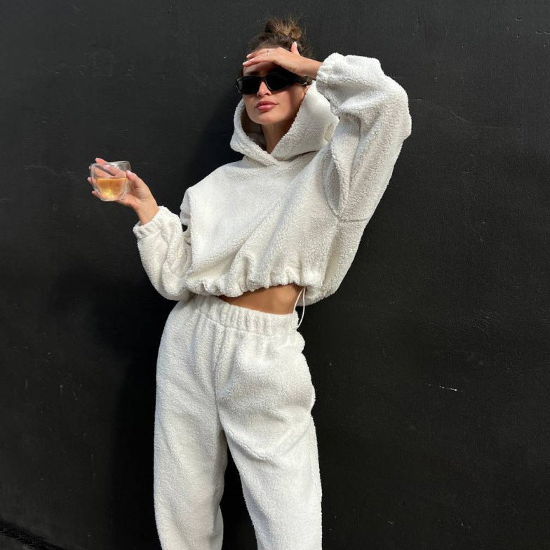 Women's plush fleece loungewear set oversized hoodie high-waist pants cozy two-piece soft blend